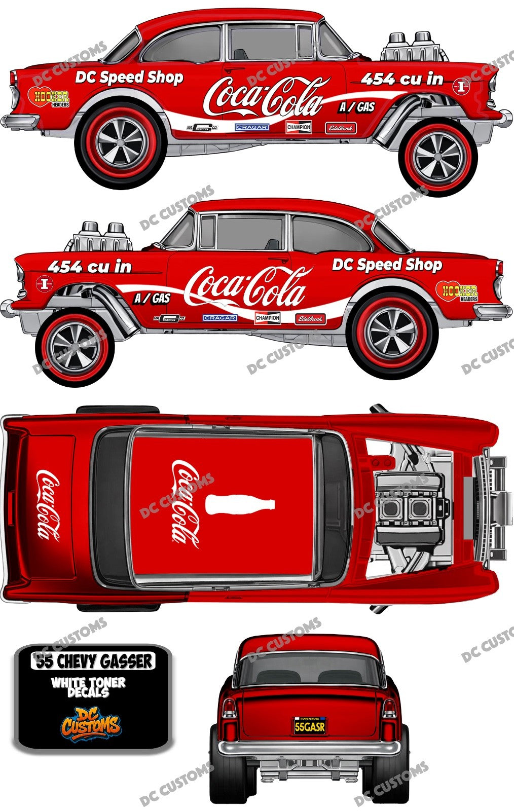 55 CHEVY GASSER (WHITE TONER) DECALS C0CA COLA