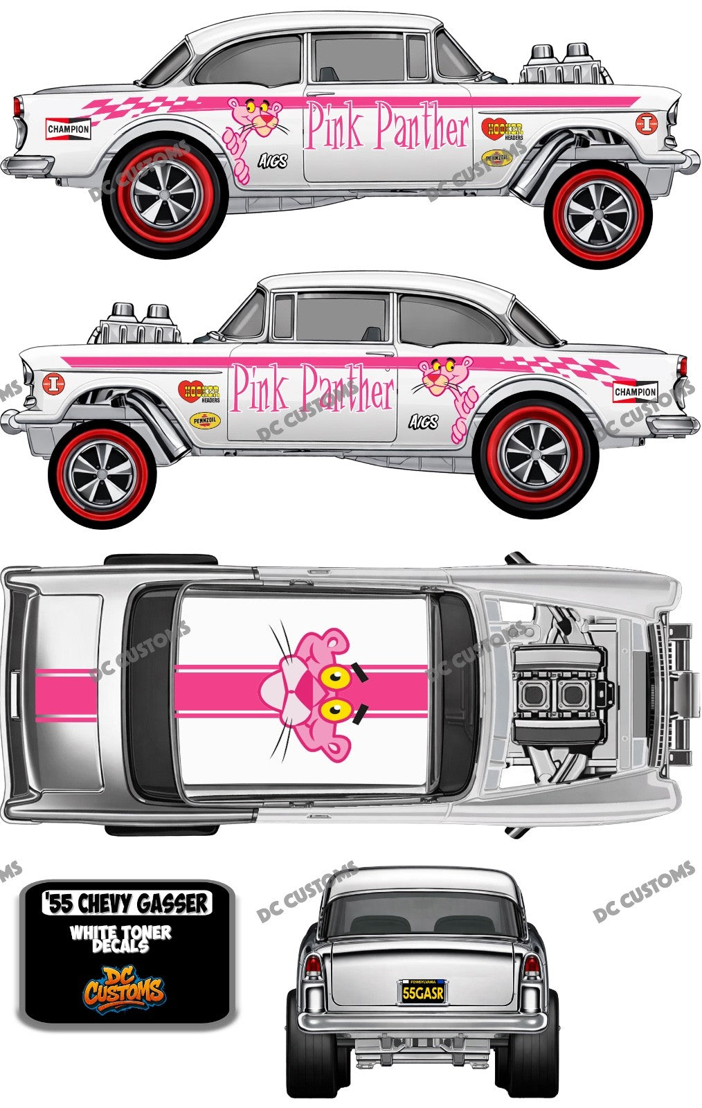 55 CHEVY GASSER (WHITE TONER) DECALS PINKPANTHER
