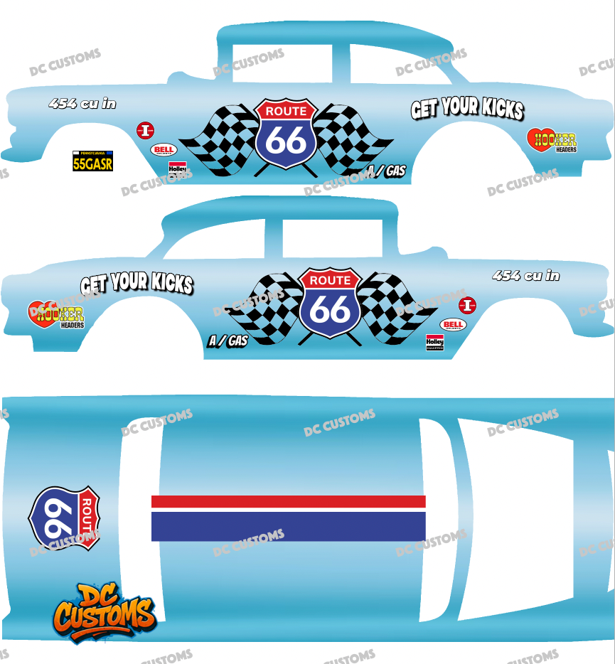 55 CHEVY GASSER (WHITE TONER) DECALS ROUTE 66