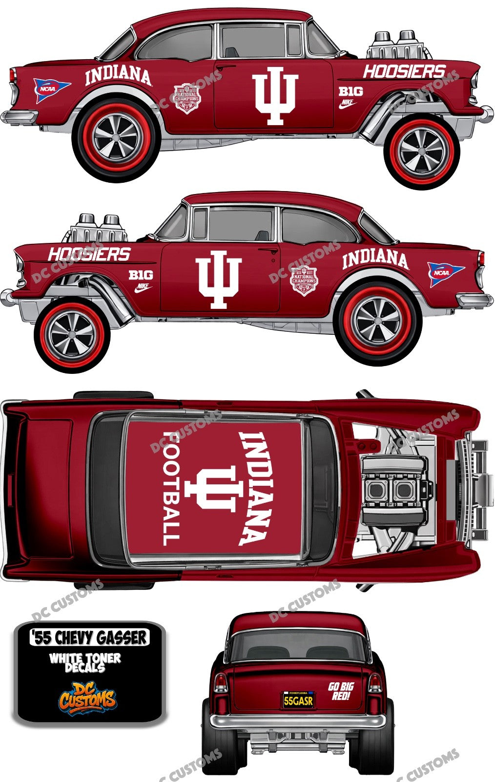 55 CHEVY GASSER (WHITE TONER) DECALS INDIANA HOOSIERS