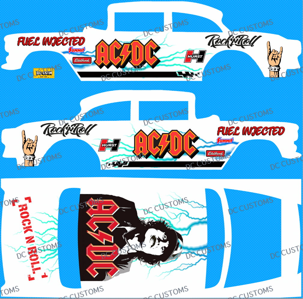 55 CHEVY GASSER (WHITE TONER) DECALS AC DC