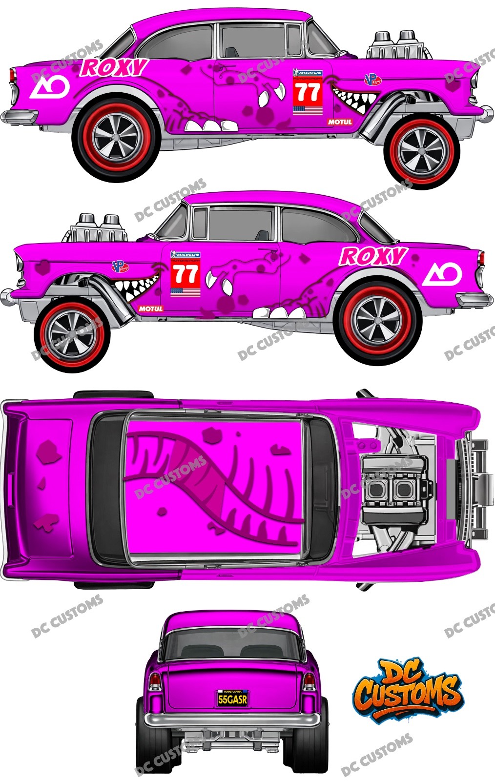 55 CHEVY GASSER (WHITE TONER) DECALS ROXY