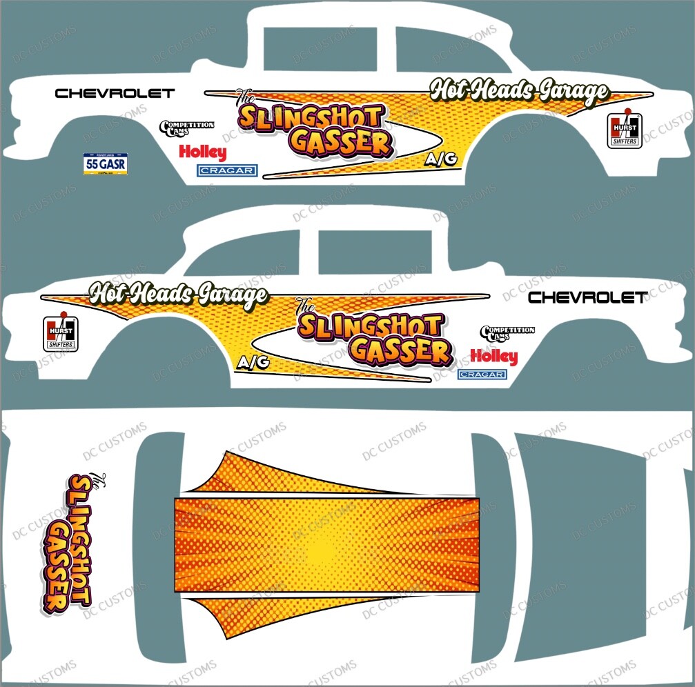 55 CHEVY GASSER (WHITE TONER) DECALS SLINGSHOT GASSER