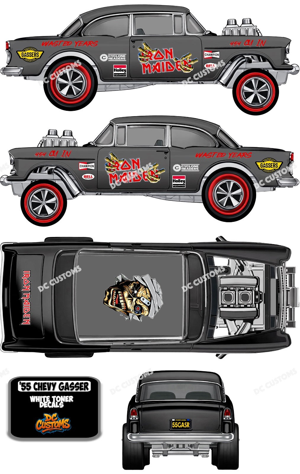 55 CHEVY GASSER (WHITE TONER) DECALS IR0N MAIDEN