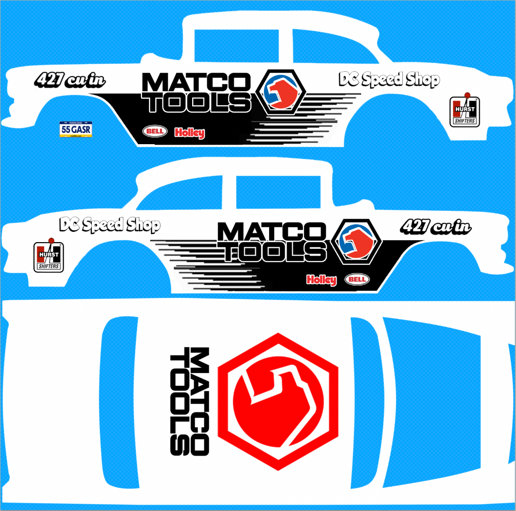 55 CHEVY GASSER (WHITE TONER) DECALS MATC0 TOOLS