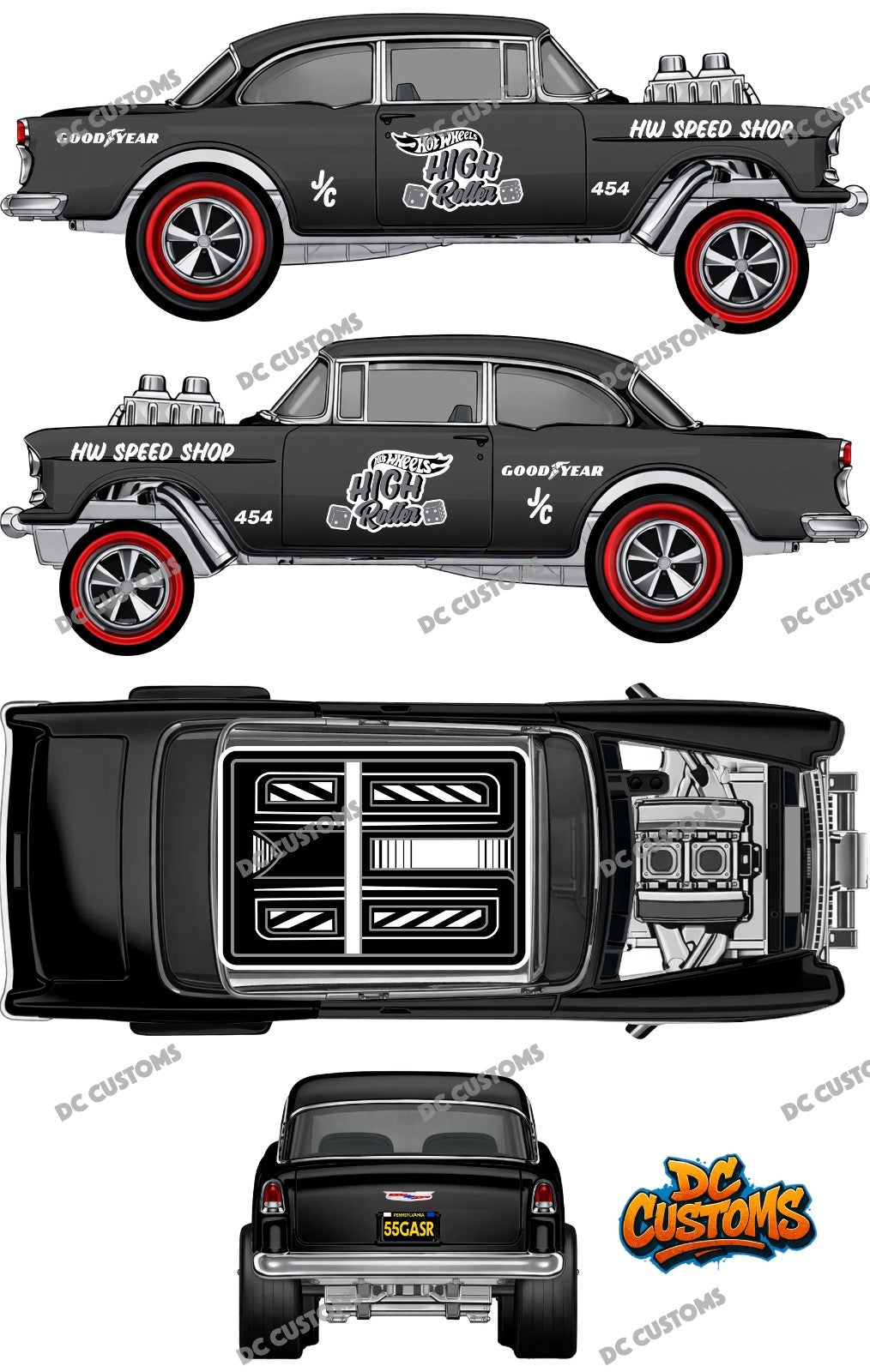 55 CHEVY GASSER (WHITE TONER) DECALS HIGH ROLLER