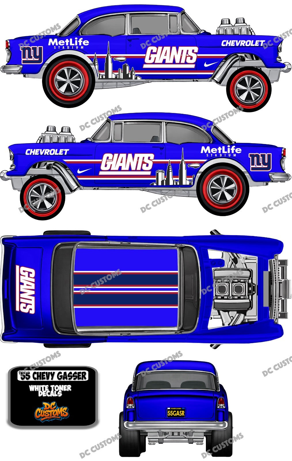 55 CHEVY GASSER (WHITE TONER) DECALS NEW YORK GIANTS