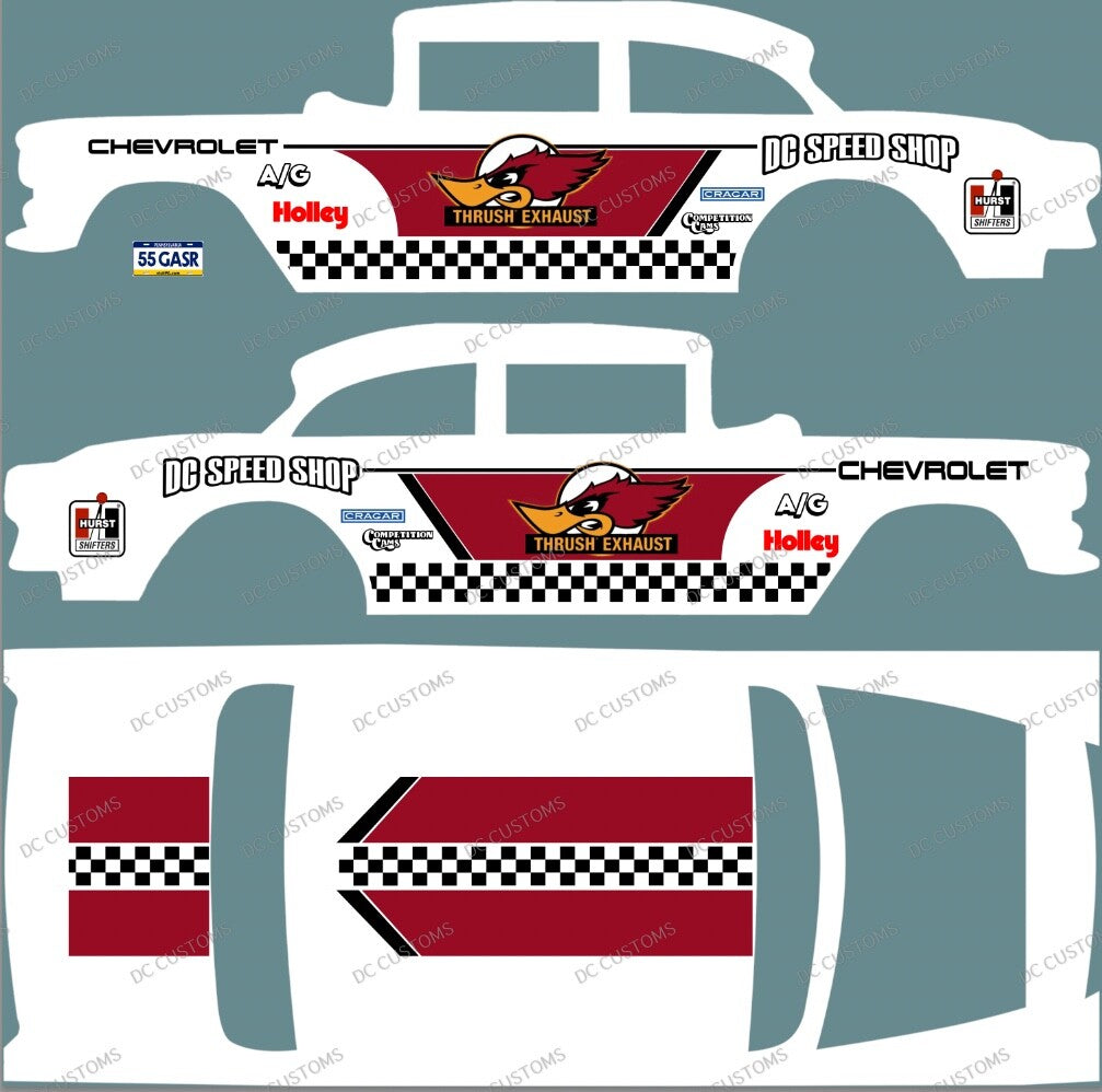 55 CHEVY GASSER (WHITE TONER) DECALS THRUSH EXHAUST