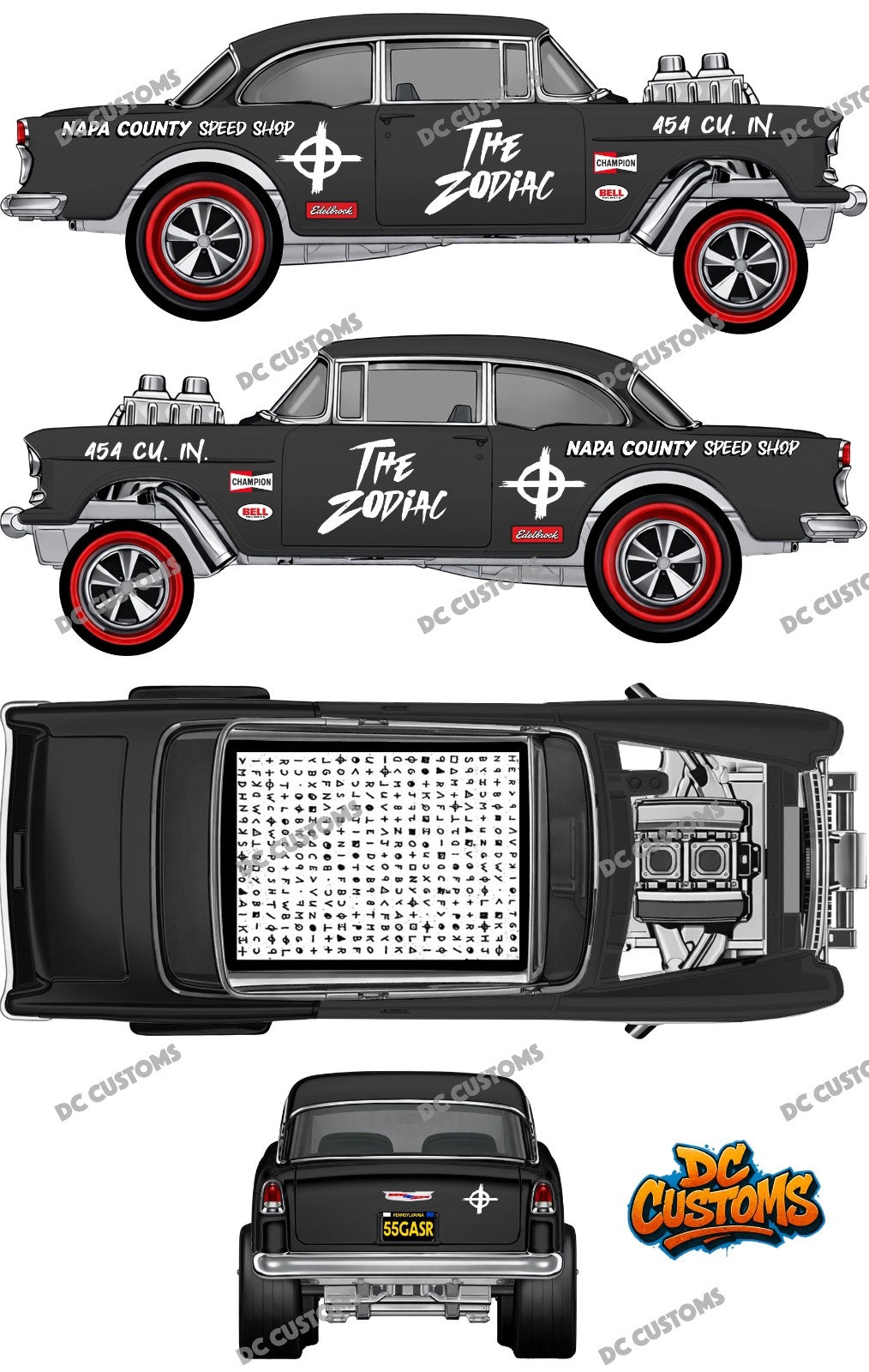 55 CHEVY GASSER (WHITE TONER) DECALS ZODIAC