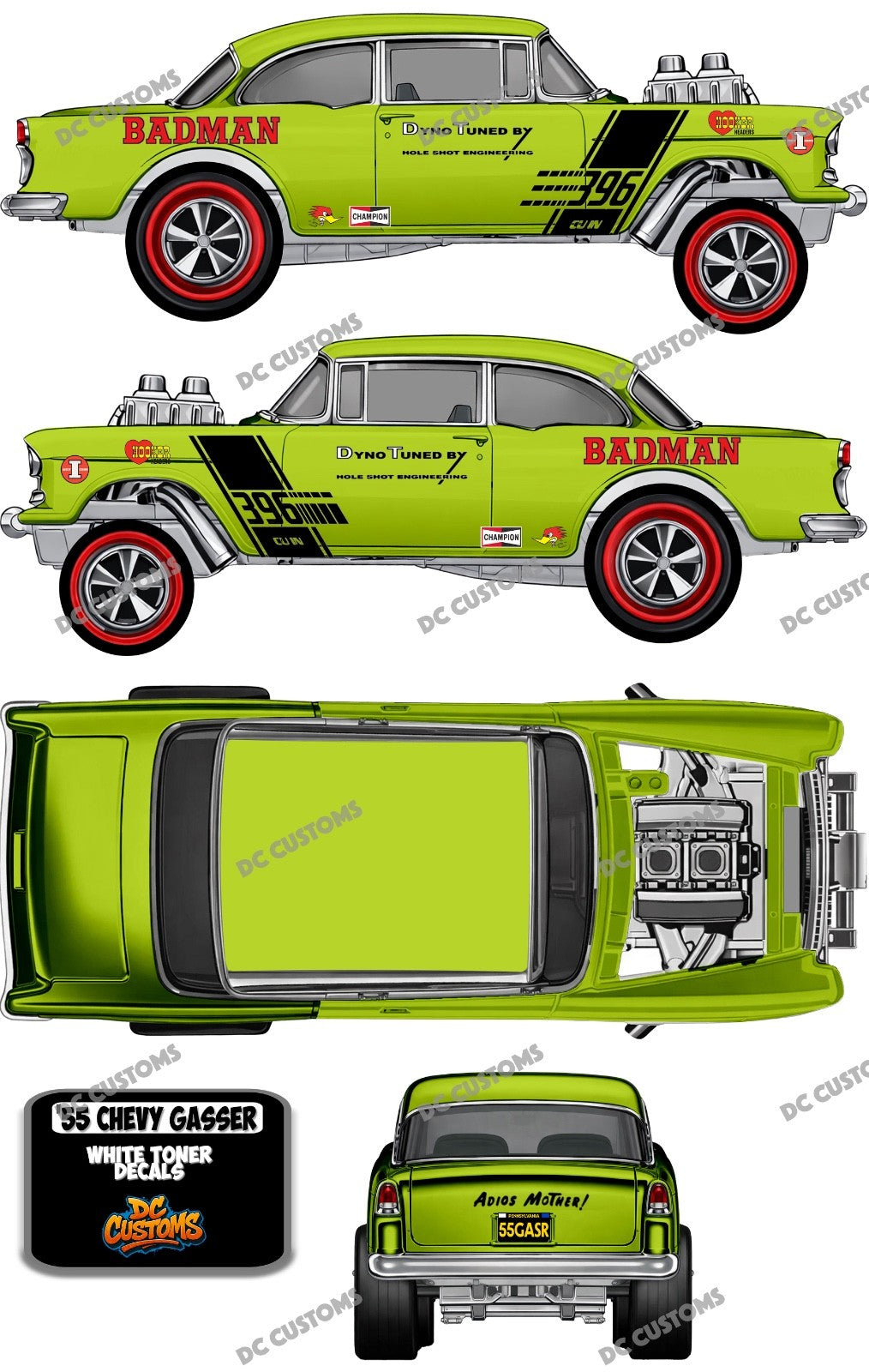55 CHEVY GASSER (WHITE TONER) DECALS BAD MAN