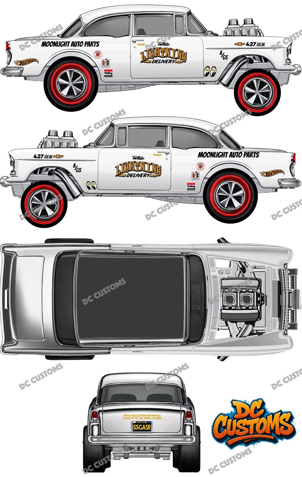 55 CHEVY GASSER (WHITE TONER) DECALS WHITE LIGHTNING DELIVERY