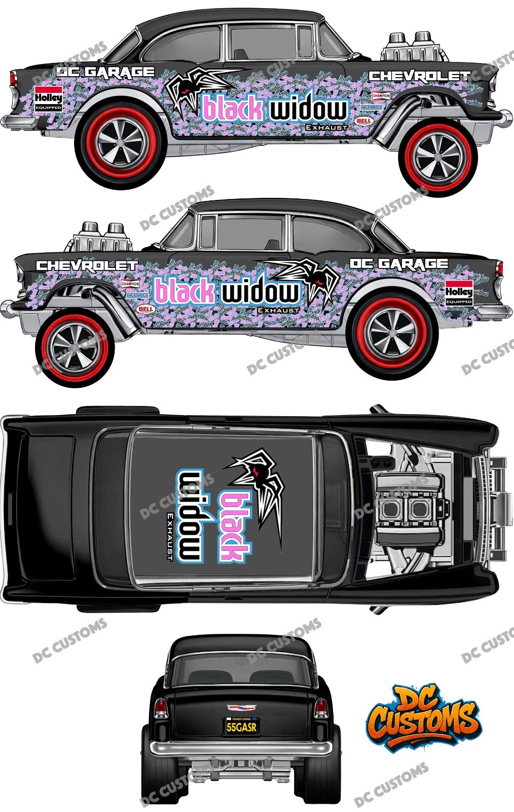 55 CHEVY GASSER (WHITE TONER) DECALS BLACK WIDOW