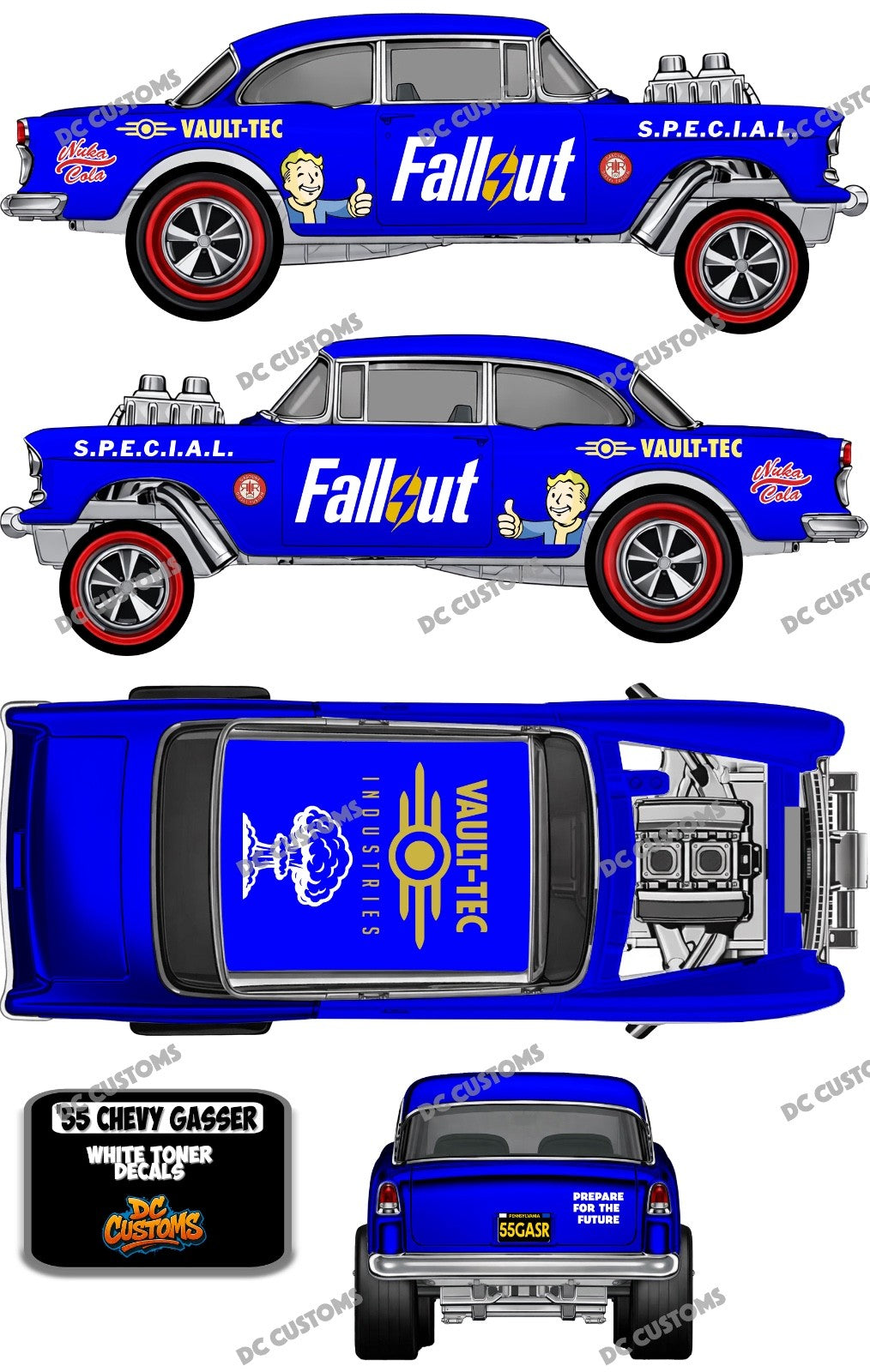 55 CHEVY GASSER (WHITE TONER) DECALS FALL0UT
