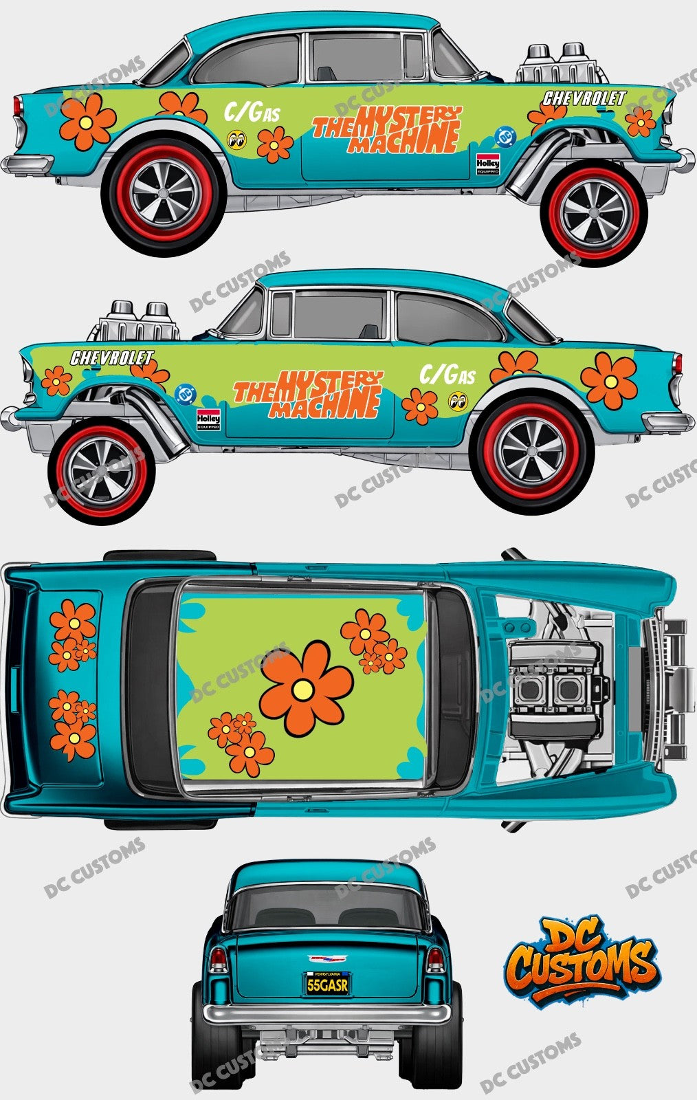 55 CHEVY GASSER (WHITE TONER) DECALS MYSTERY MACHINE