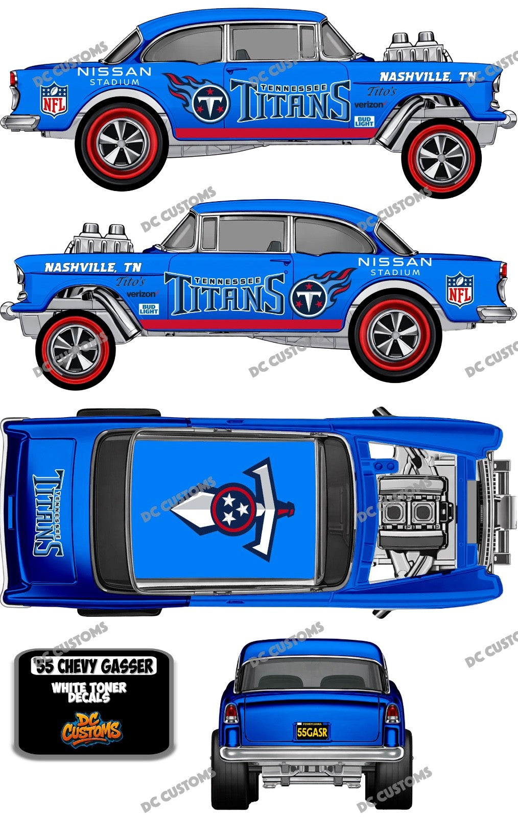 55 CHEVY GASSER (WHITE TONER) DECALS TN TITANS