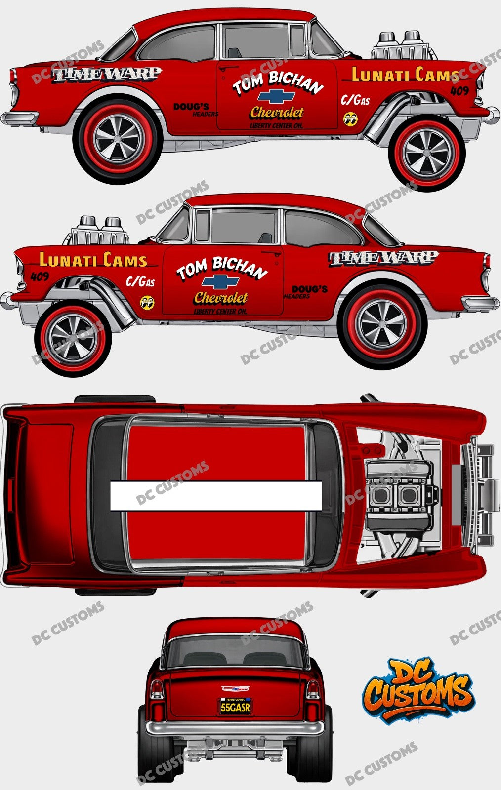 55 CHEVY GASSER (WHITE TONER) DECALS TIME WARP