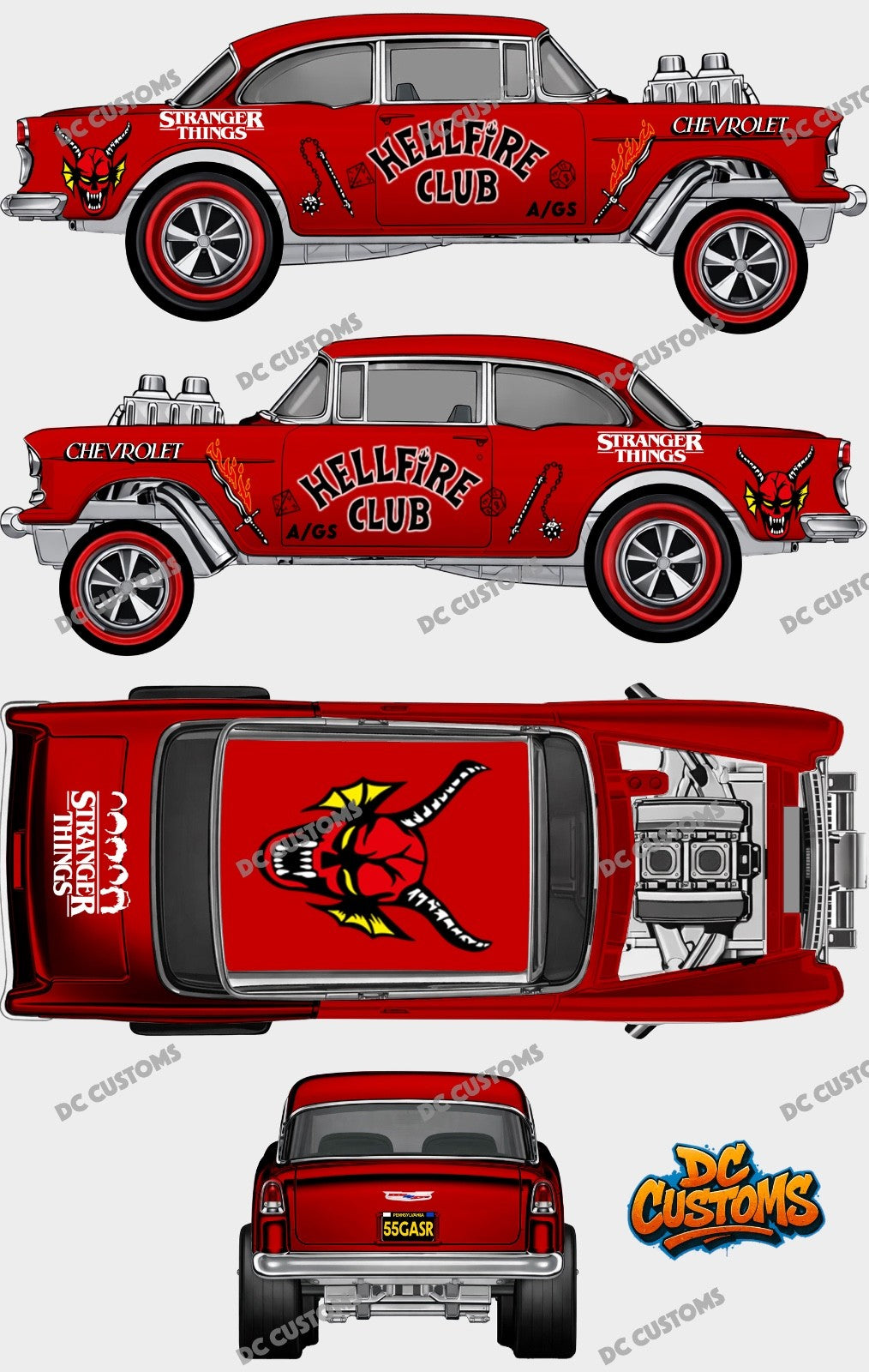55 CHEVY GASSER (WHITE TONER) DECALS HELLFIRE