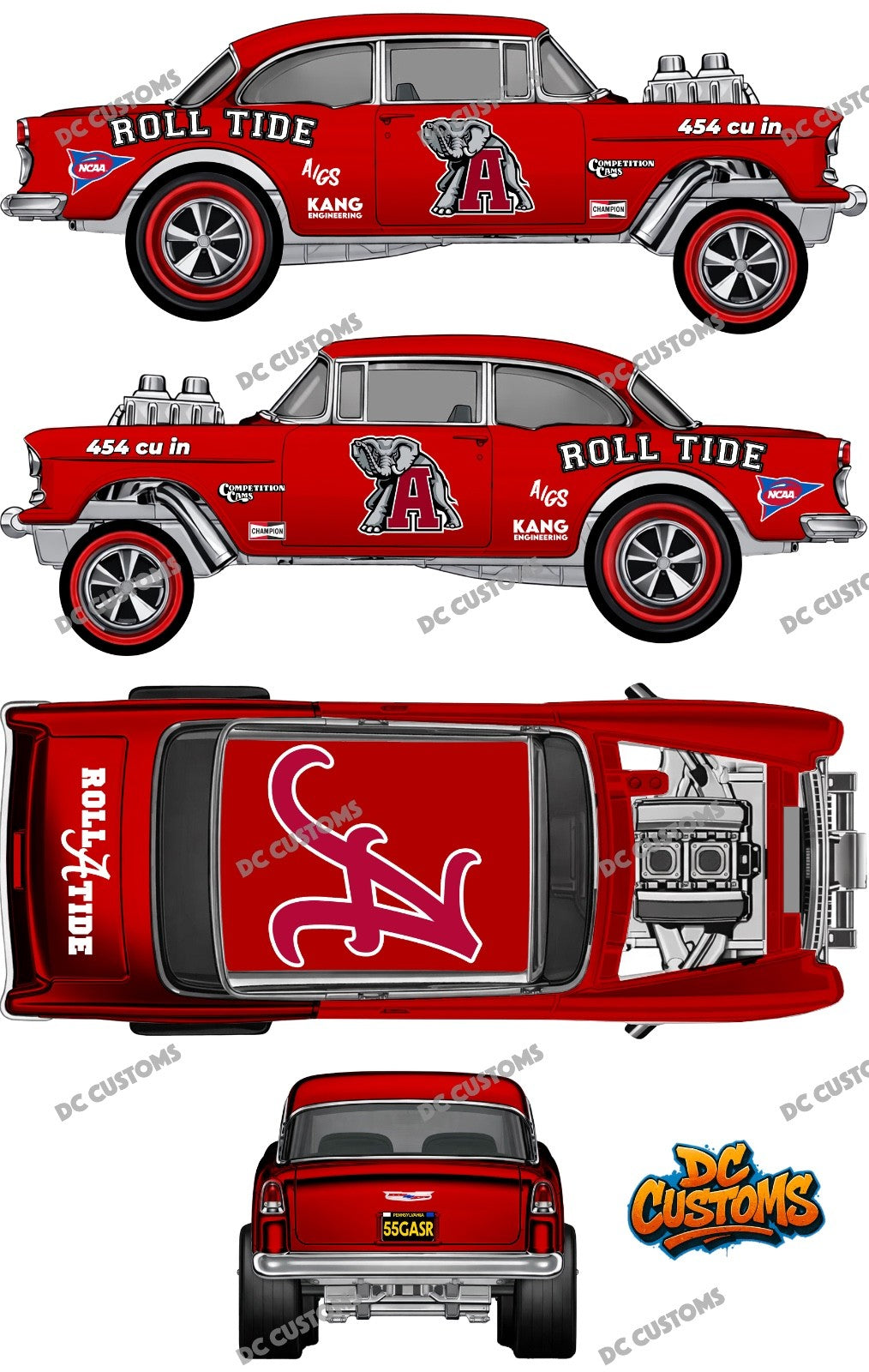 55 CHEVY GASSER (WHITE TONER) DECALS ALABAMA