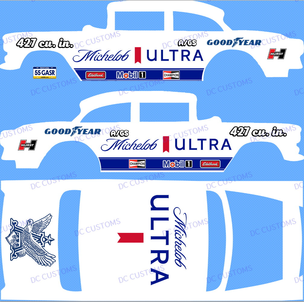 55 CHEVY GASSER (WHITE TONER) DECALS MICHEL0B