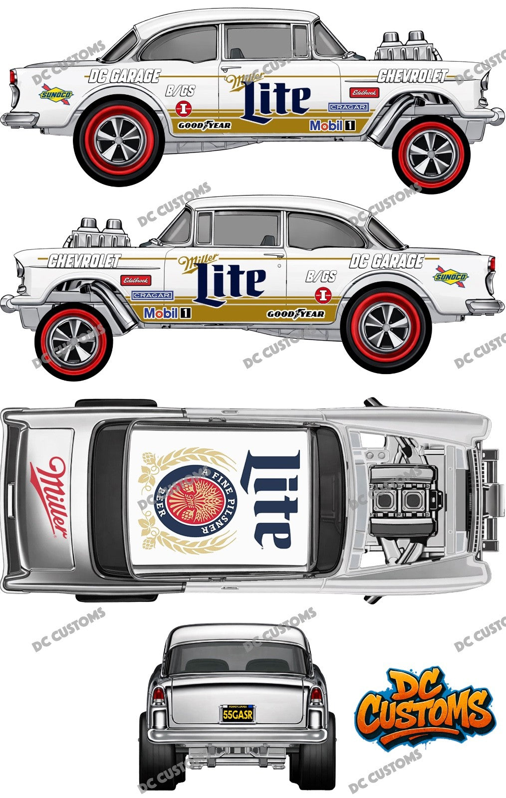 55 CHEVY GASSER (WHITE TONER) DECALS MILLER LITE