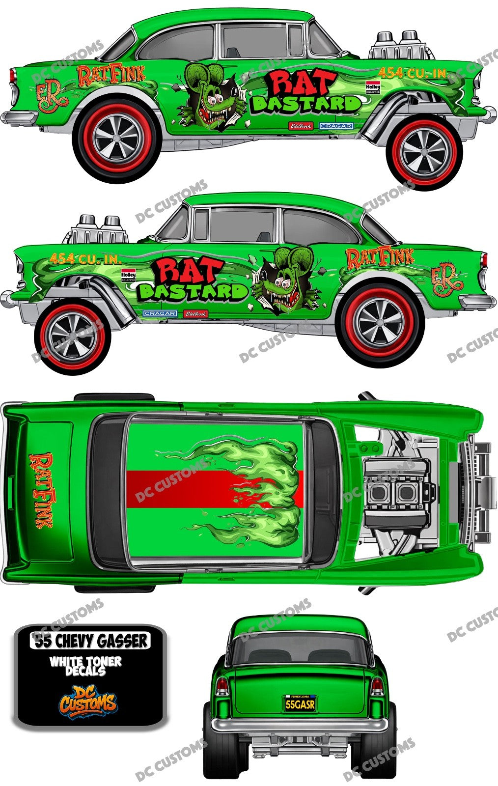 55 CHEVY GASSER (WHITE TONER) DECALS RAT BASTARD