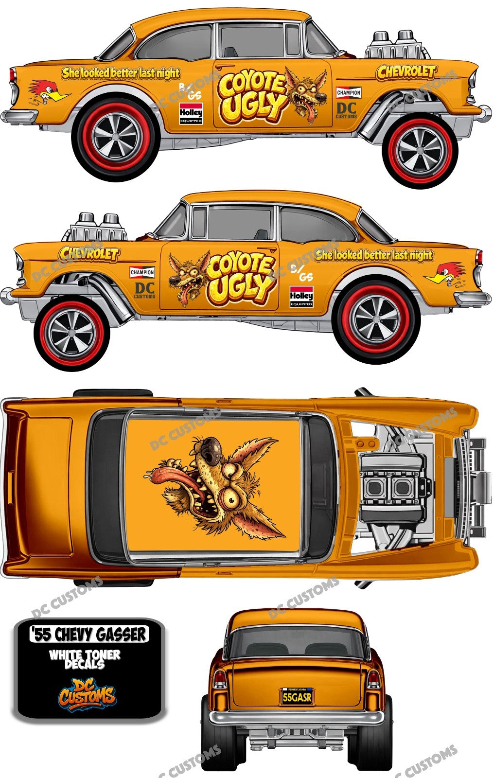 55 CHEVY GASSER (WHITE TONER) DECALS COYOTE UGLY