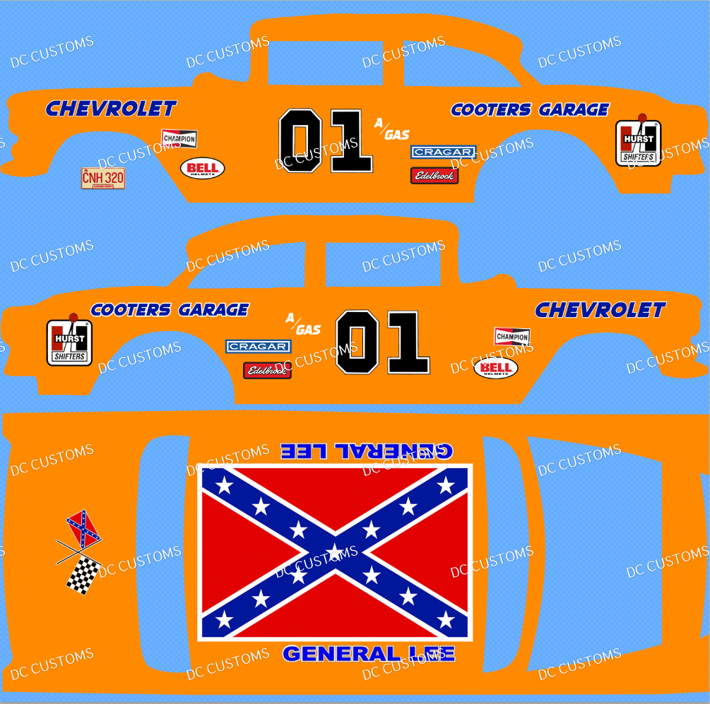 55 CHEVY GASSER (WHITE TONER) DECALS GENERAL LEE