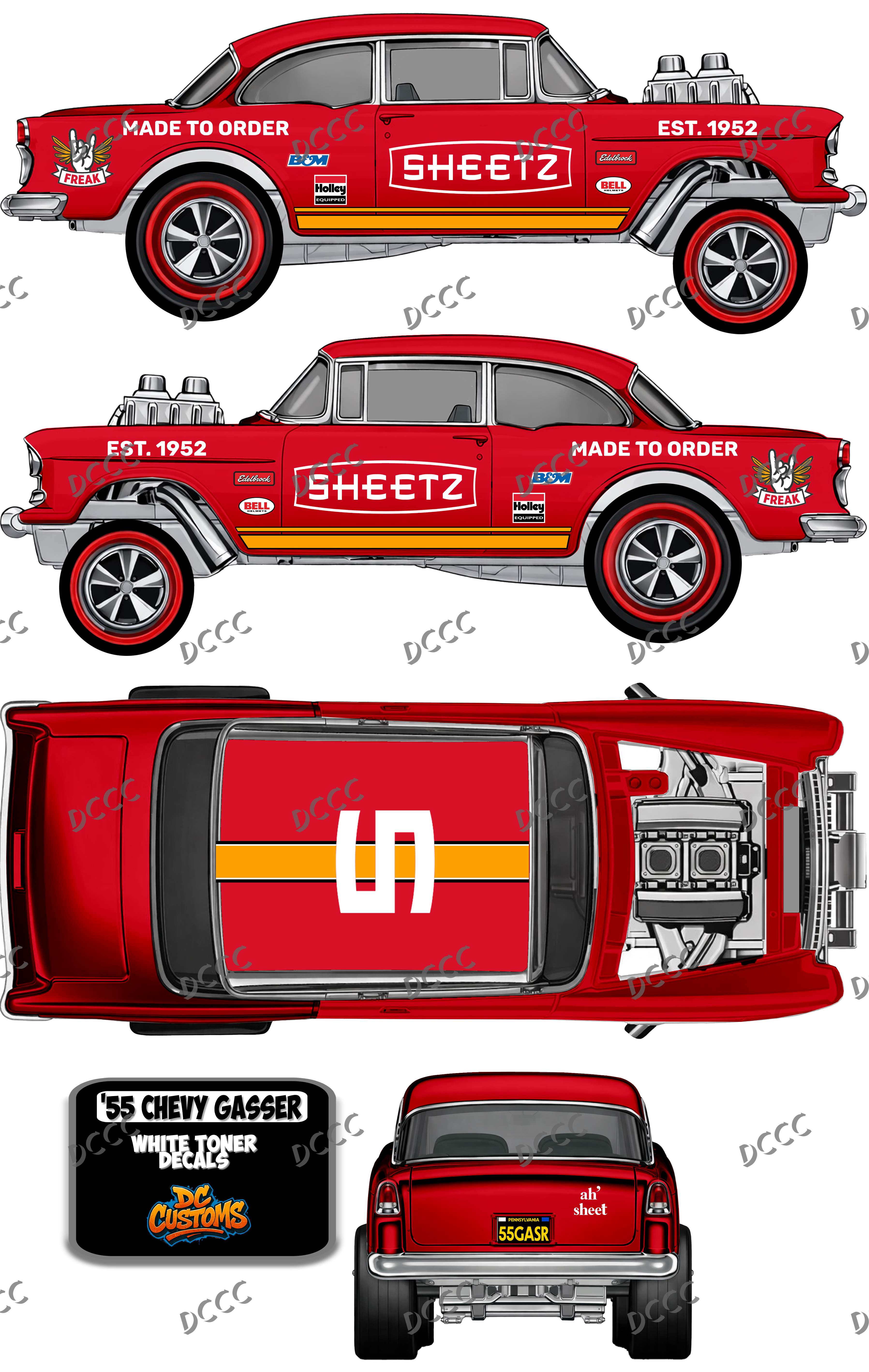 55 CHEVY GASSER (WHITE TONER) DECALS SHEETZ