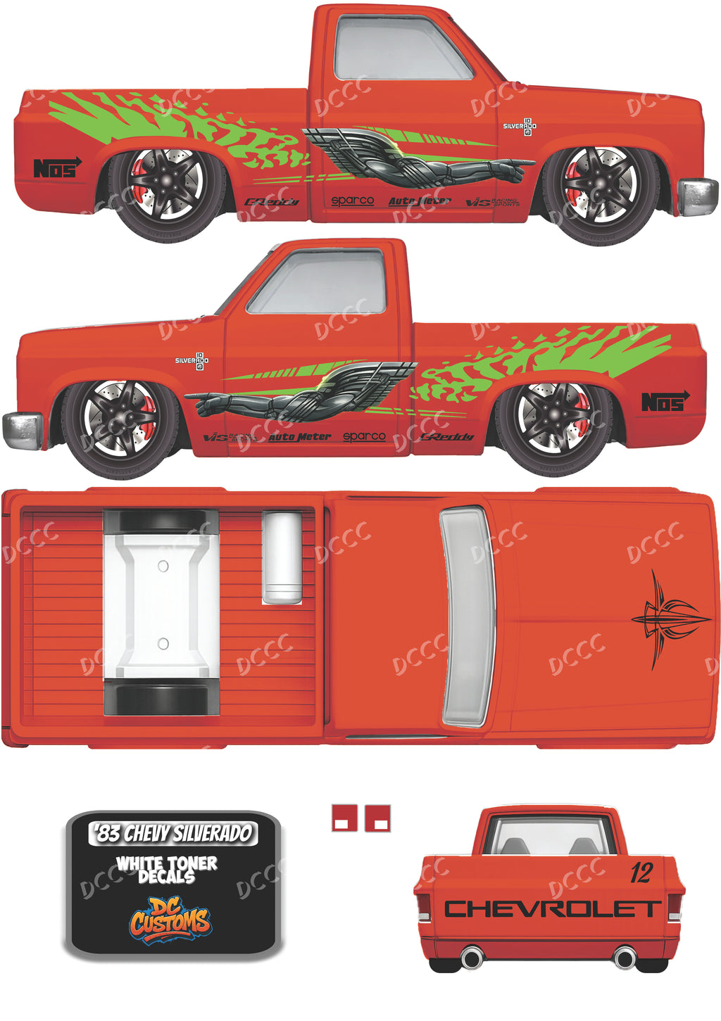 83 CHEVY SILVERADO (WHITE TONER) DECALS F&F ORANGE SUPRA