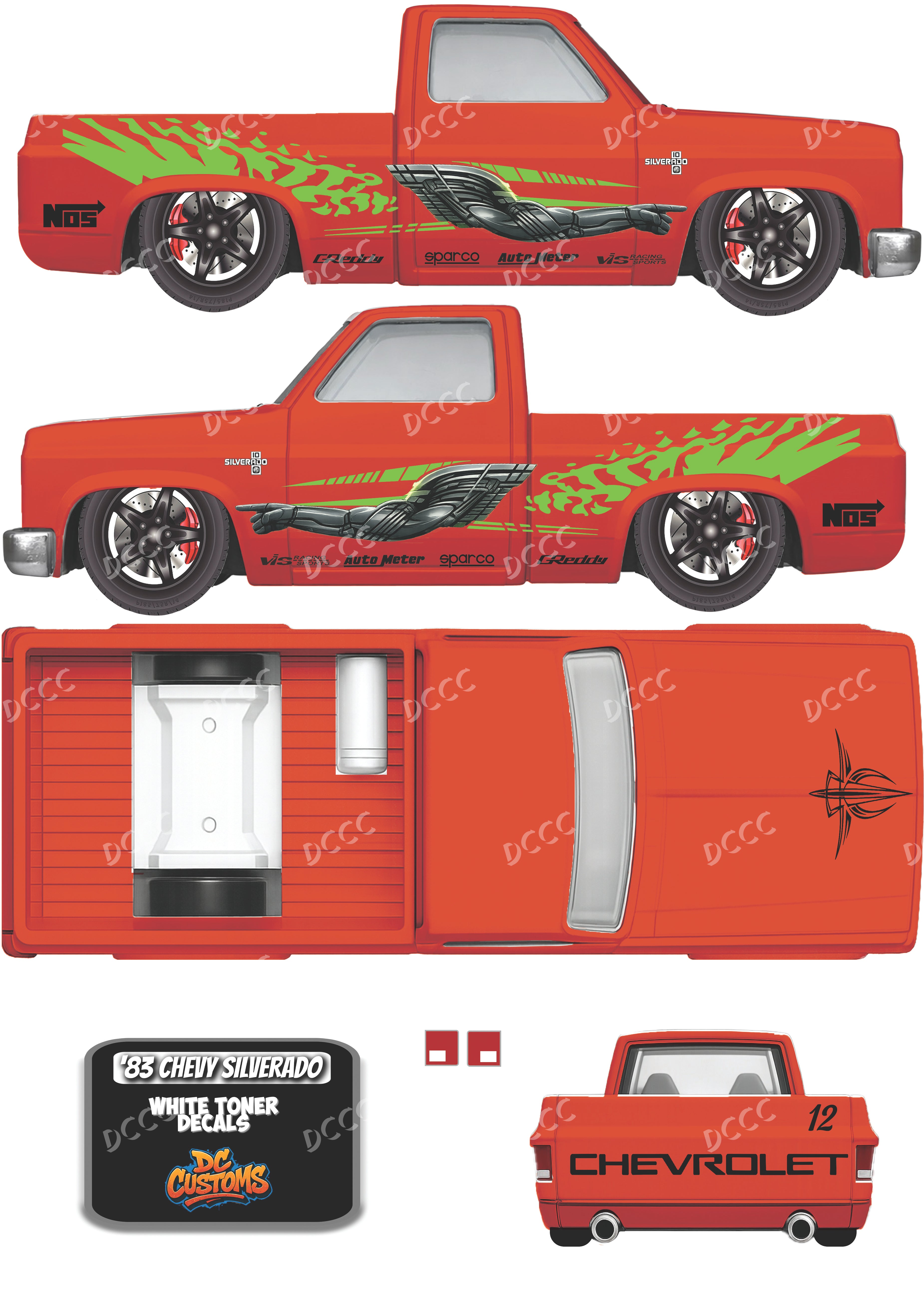 83 CHEVY SILVERADO (WHITE TONER) DECALS F&F ORANGE SUPRA