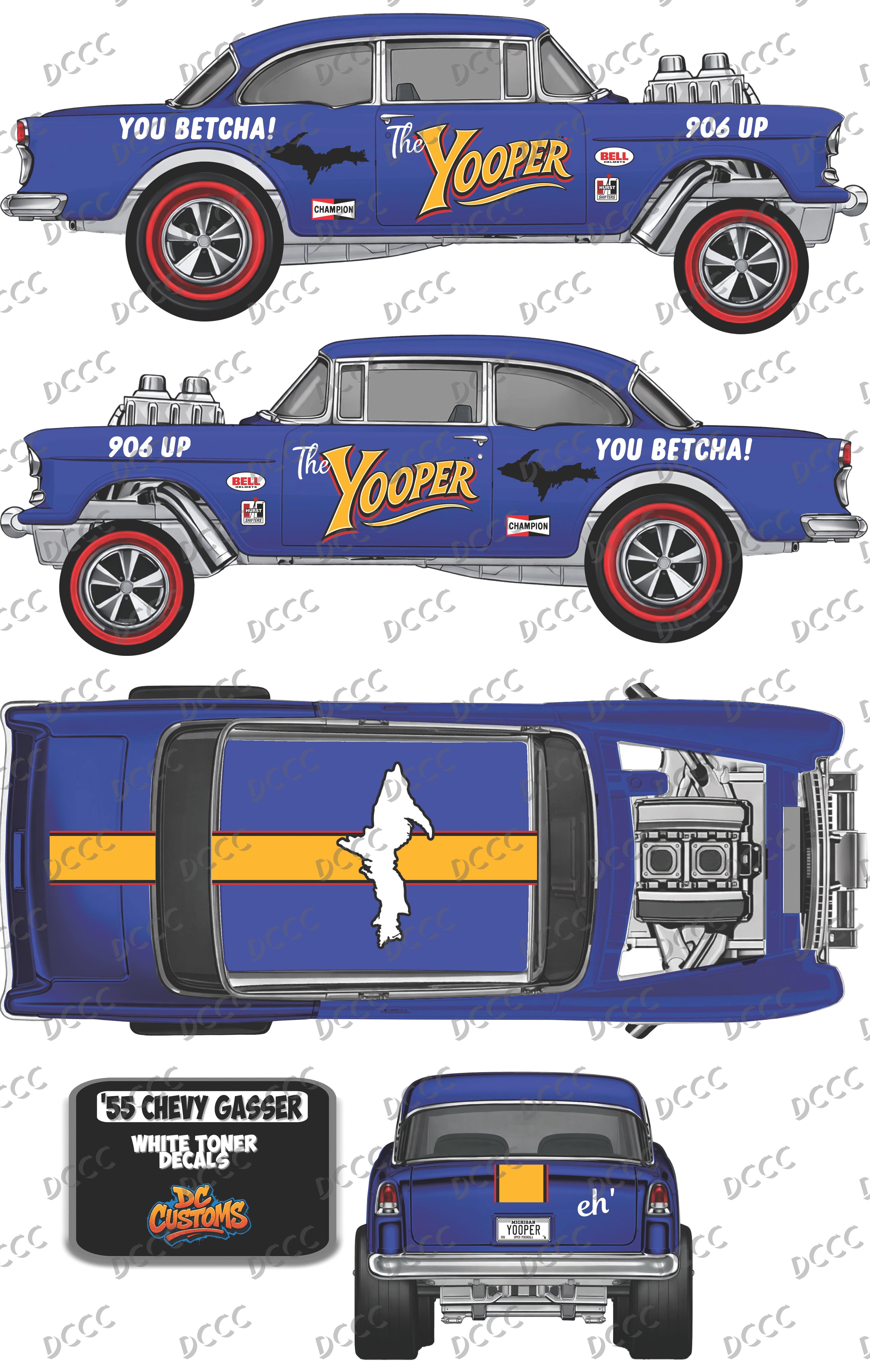 55 CHEVY GASSER (WHITE TONER) DECAL THE YOOPER